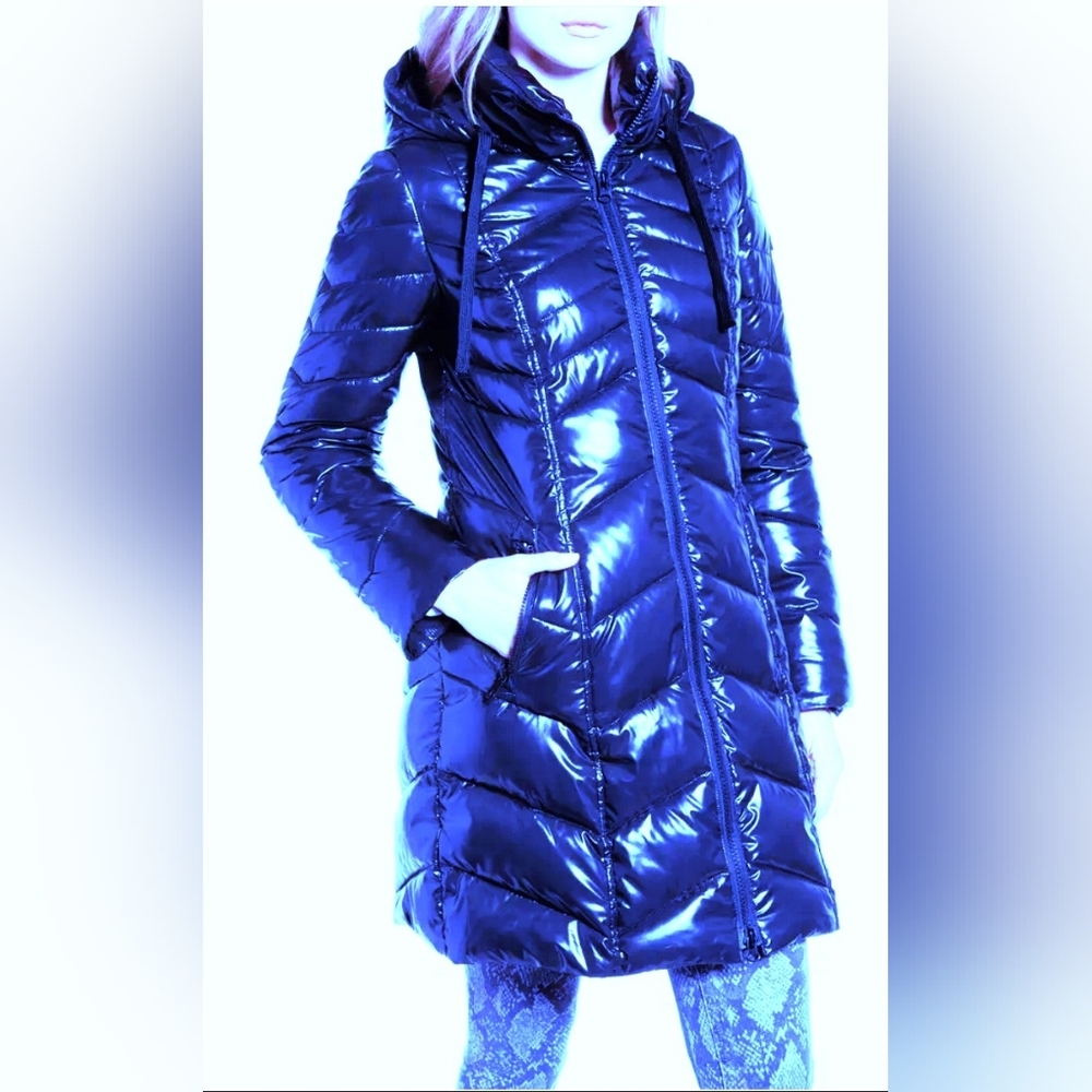 NEW Sam Edelman Blue Long Hooded Full Zip Glossy Quilted Puffer Jacket Coat S